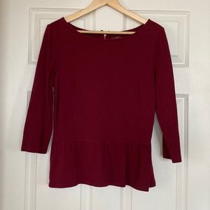 Loft burgundy/deep red slightly peplum top with zipper detail